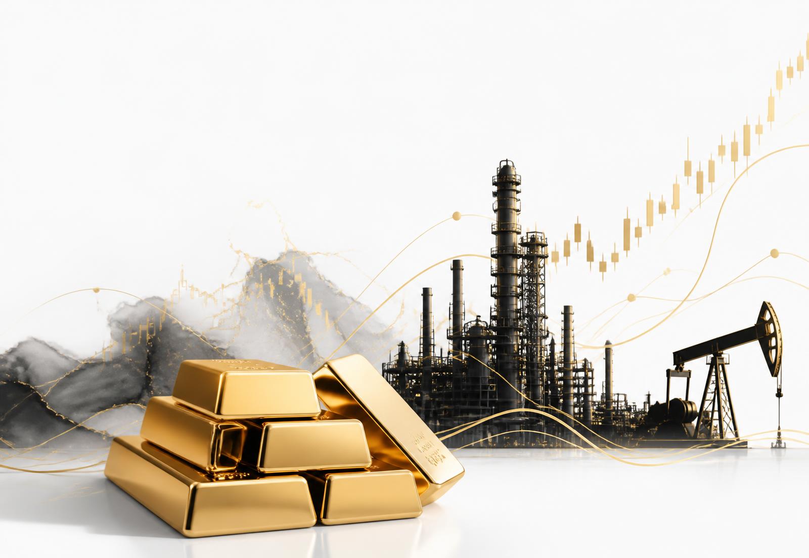 Composición de lingotes de oro e infraestructura petrolera con gráfico de mercados